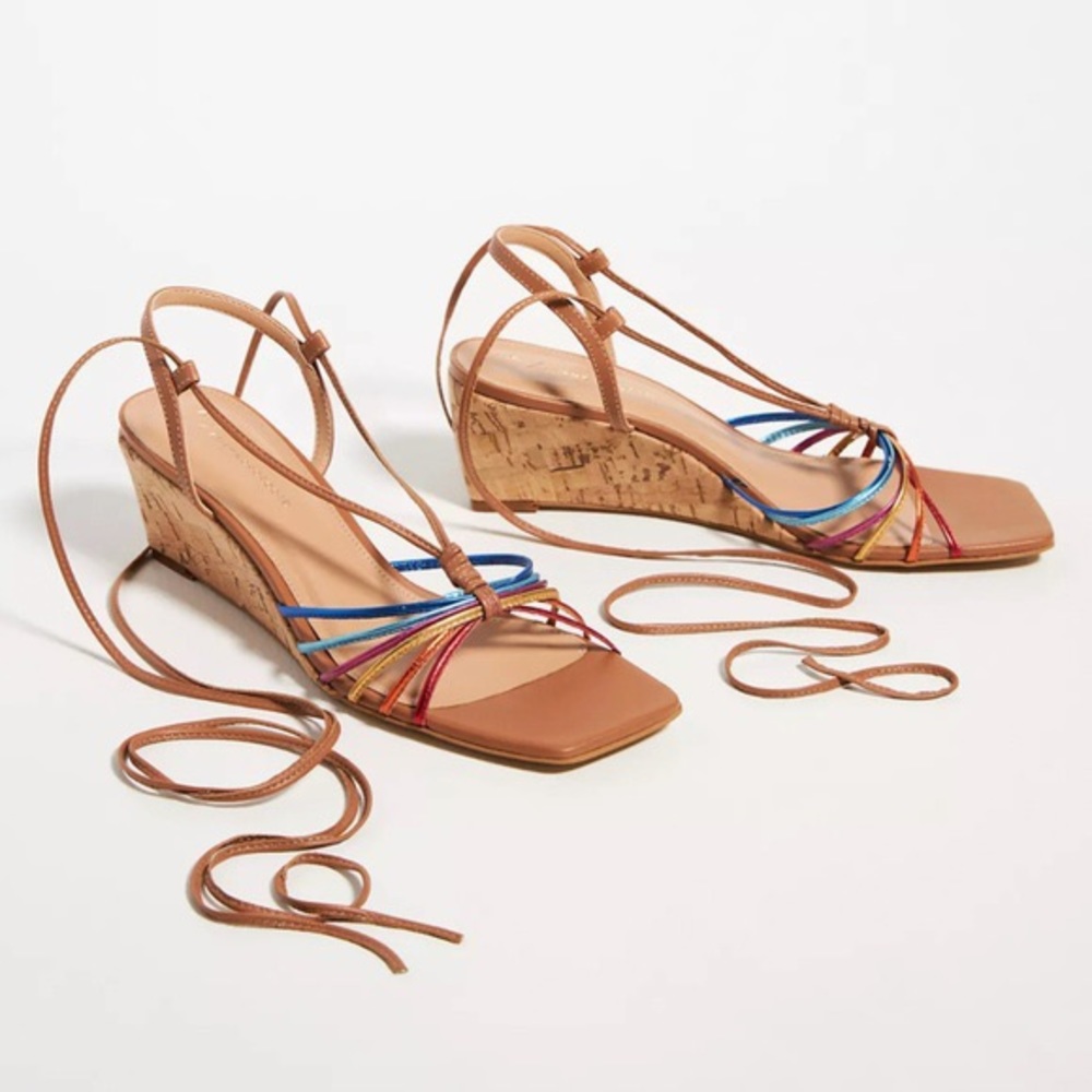 ANTHROPOLOGIE Strappy Rainbow Cork Wedge Sandals - Sz 38